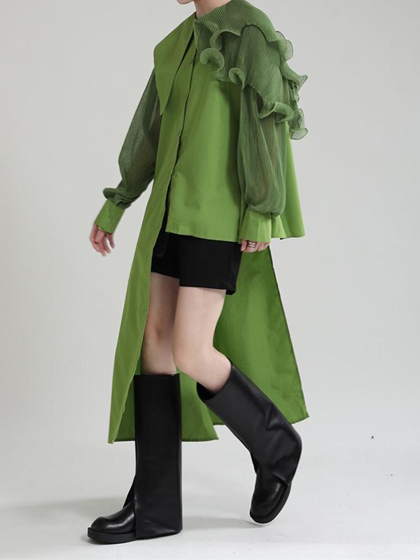 Long Sleeves Loose Asymmetric Pleated Solid Color Split-Joint Falbala Lapel Blouses&Shirts Tops Product Image