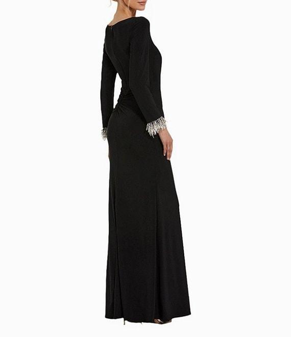 Mac Duggal Jersey Knit Boat Neck Beaded Cuff Sleeves Side Ruched Sheath Dress Product Image