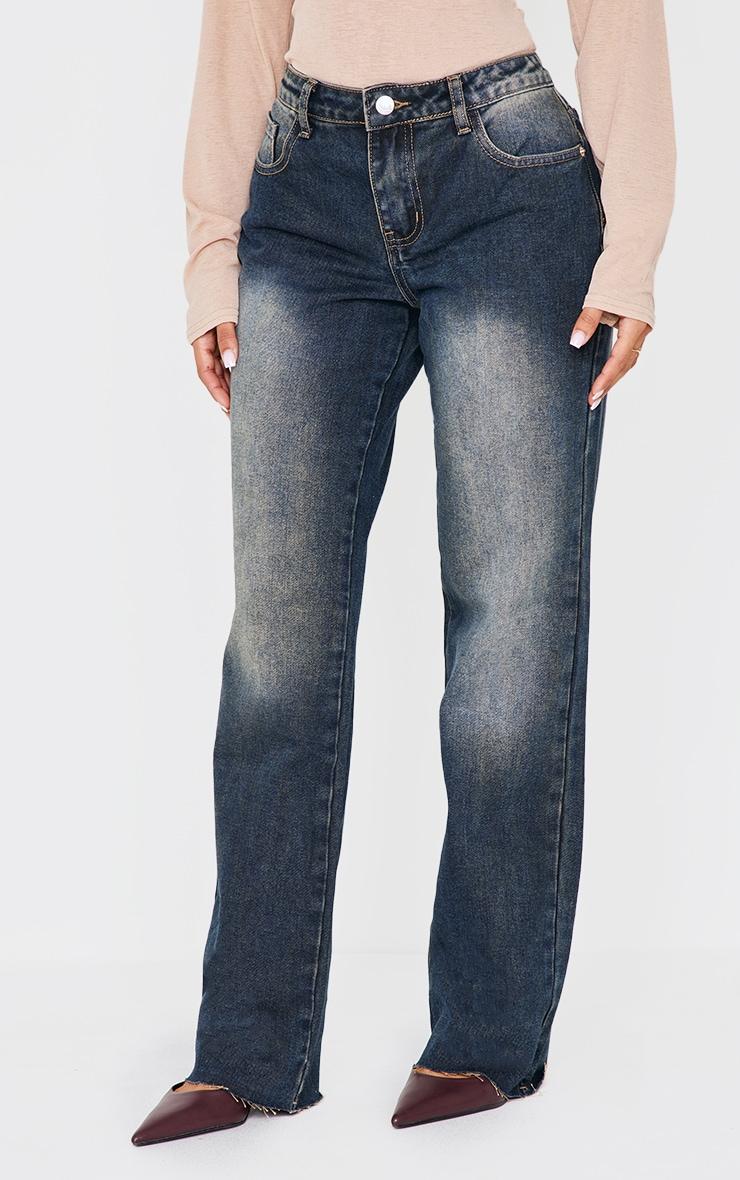 Petite Grey Used Bleach Low Waist Straight Leg Jeans Product Image