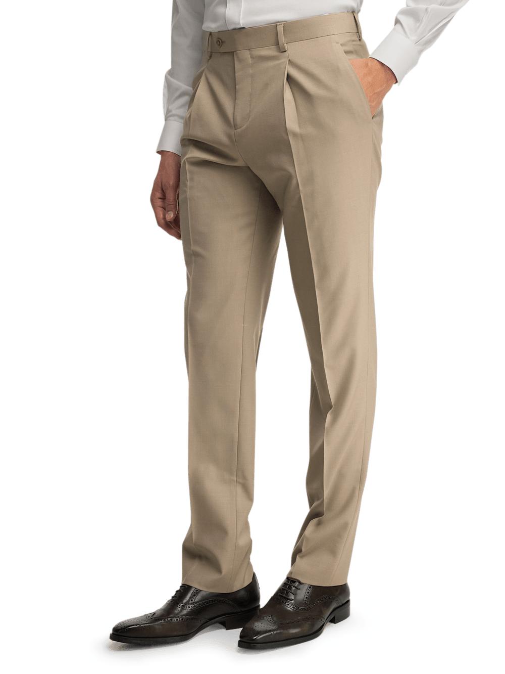 Wool Stretch Bengaline Pleated Suit Pants - Light Tan Product Image