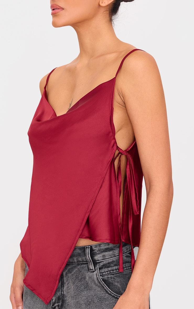 Burgundy Satin Split Hem Asymmetric Long Top Product Image
