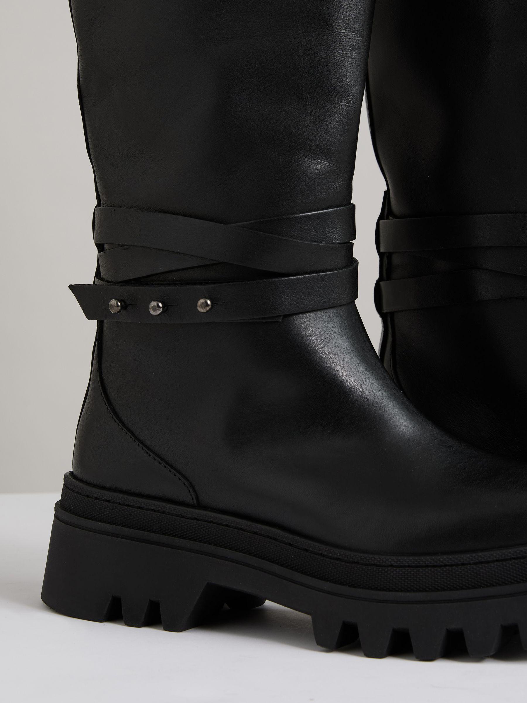 Leather Chunky Flat Knee-High Boots in Black Product Image