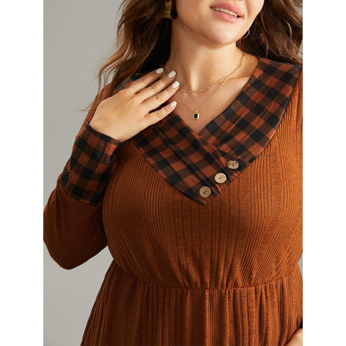 Plus Size Rib Knit Patchwork Plaid Pocket Button Detail Dress Rust Women Casual Rib Knit V-neck Long Sleeve Curvy Midi Dress BloomChic 18-20/2X Product Image