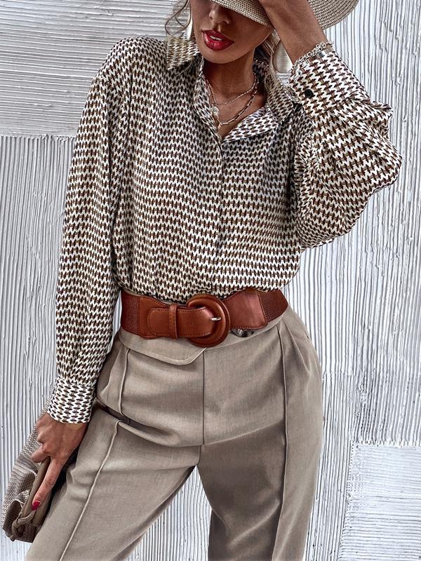 Long Sleeves Loose Buttoned Pleated Printed Lapel Blouses&Shirts Tops Product Image