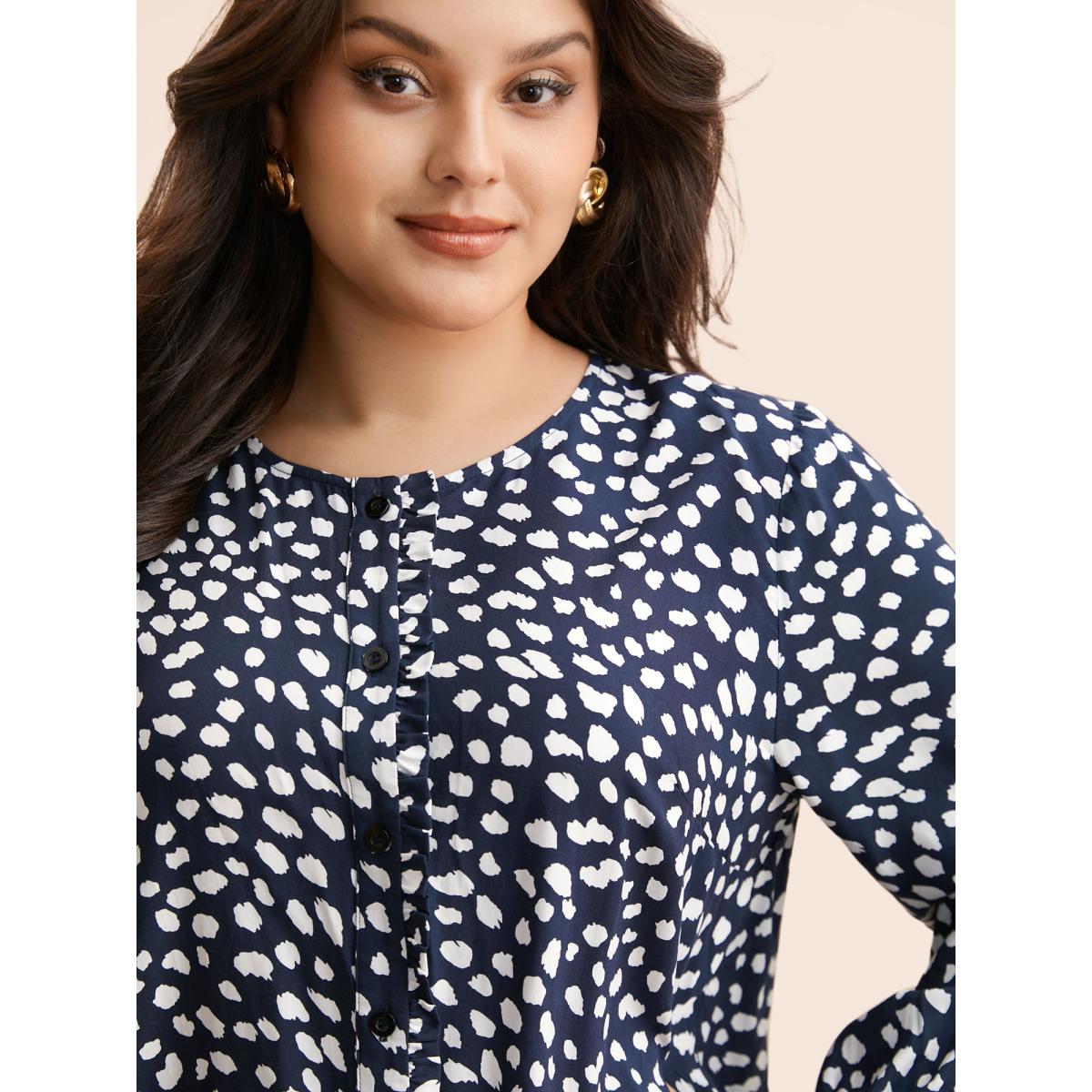 Plus Size Indigo Leopard Print Ruffles Lantern Sleeve Blouse Women Elegant Long Sleeve Round Neck Everyday Blouses BloomChic 22-24/3X Product Image