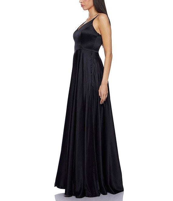 B. Darlin V-Neck Spaghetti Strap Princess Seam Side Slit Flounce Satin Gown Product Image