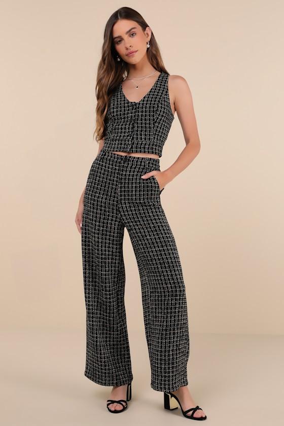 Posh Perception Black and White Plaid Tweed Cropped Button Top Product Image