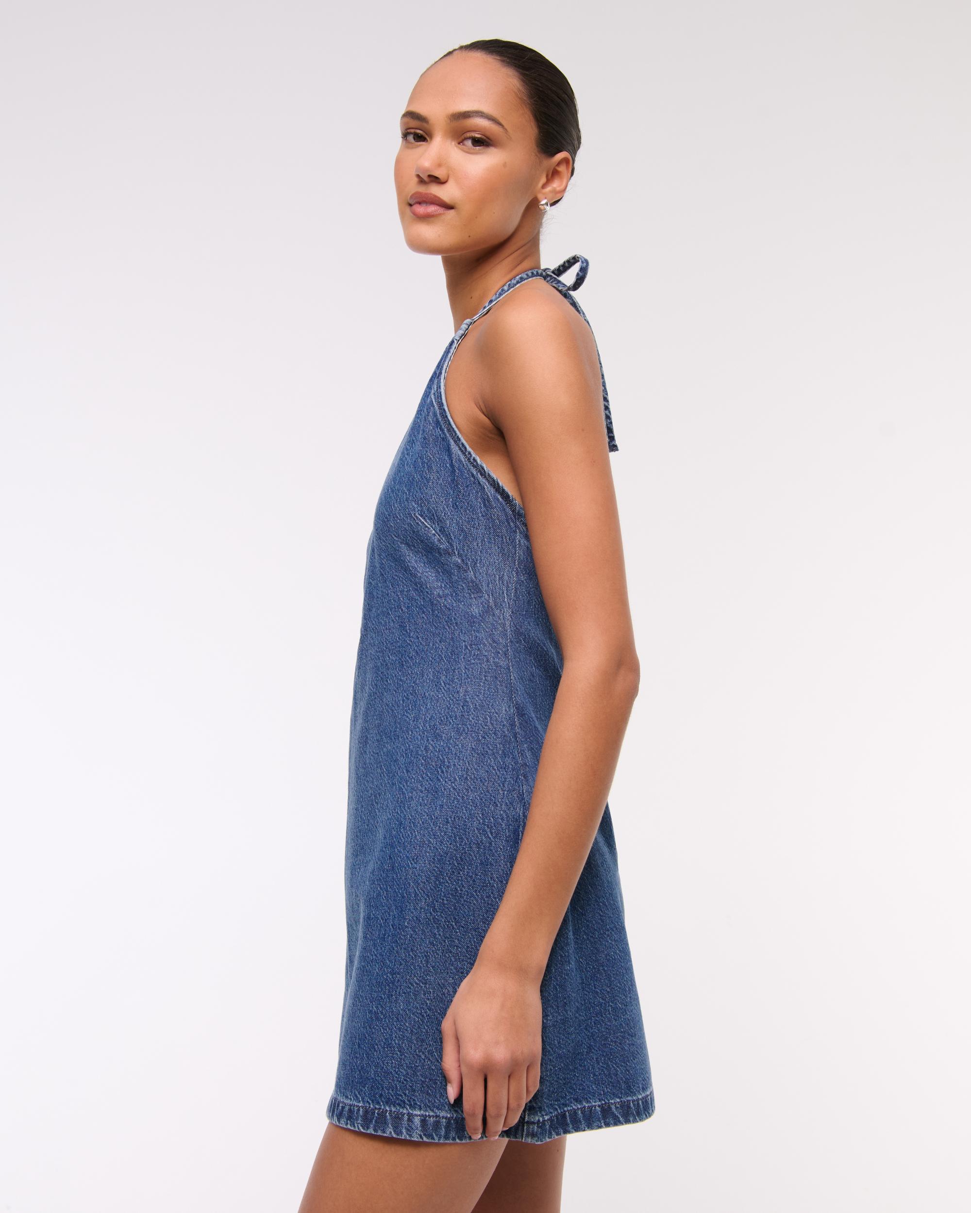 Open-Back Halter Denim Mini Dress Product Image