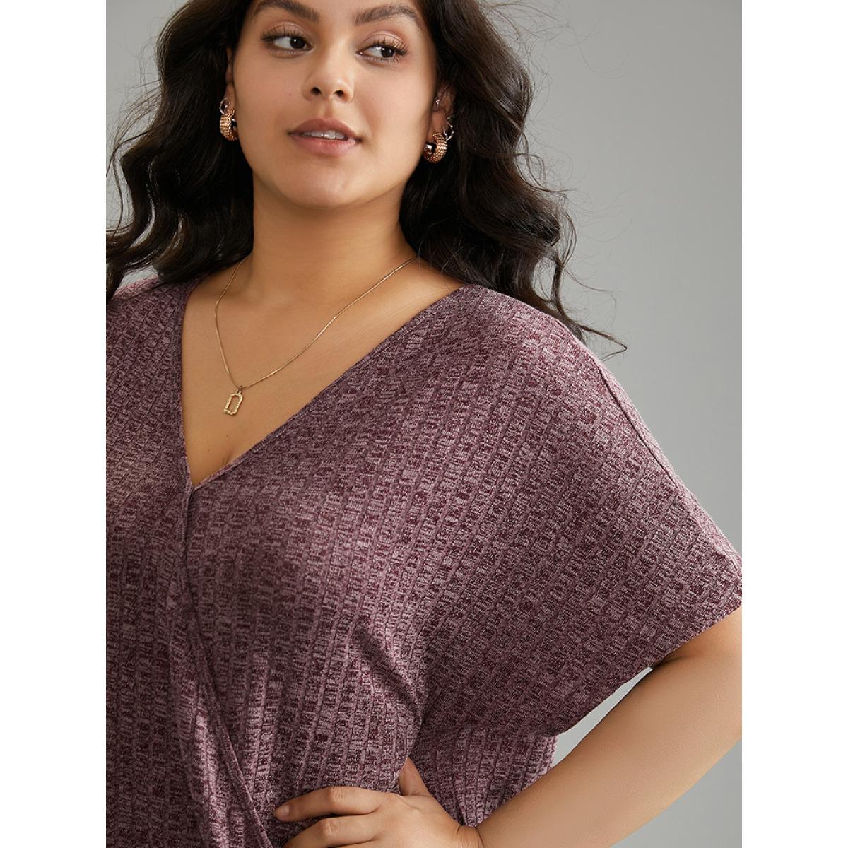 Plus Size Plisse Surplice Neck Batwing Sleeve T-shirt Burgundy Women Elegant Texture Plain Overlap Collar Dailywear T-shirts BloomChic 22-24/3X Product Image