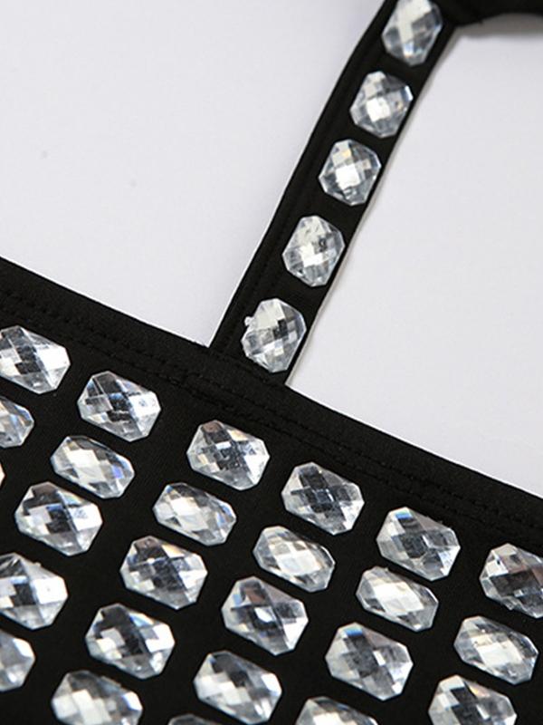 Rhinestone Decor Tie Up Backless Halter Vest Product Image