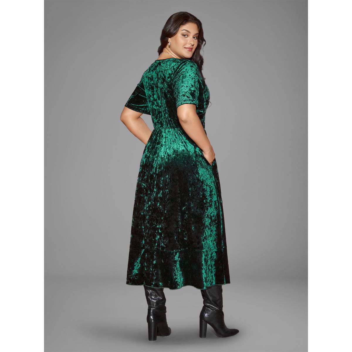 Plus Size Velvet Surplice Neckline Ruffle Sleeves Midi Dress DarkGreen Women Party&Cocktail Texture Overlap Collar Short sleeve Curvy BloomChic 14-16/1X Product Image