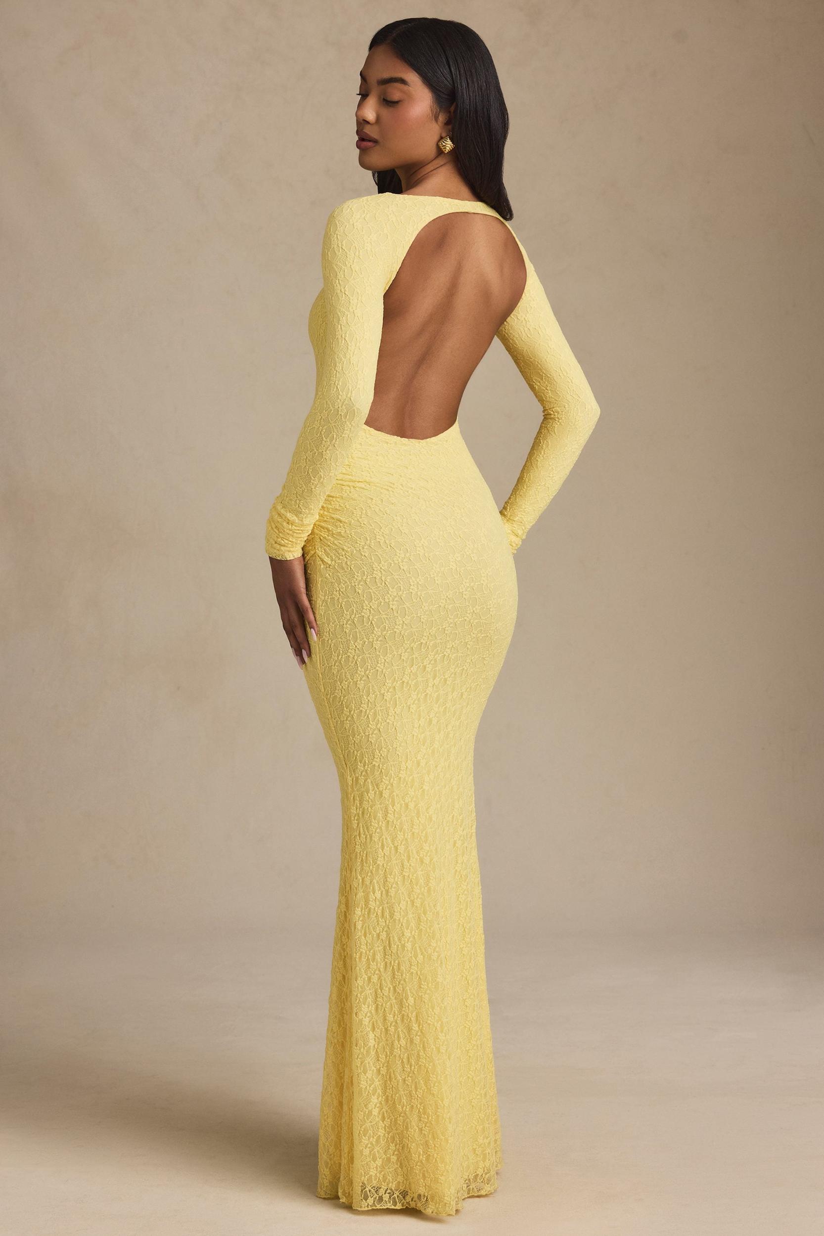 Ruched Backless Lace Maxi Dress in Pastel Yellow Product Image