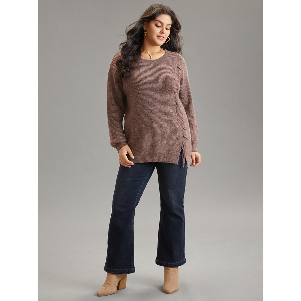 Plus Size Supersoft Essentials Heather Drawstring Ties Pullover DarkBrown Women Casual Loose Long Sleeve Round Neck Dailywear Pullovers BloomChic 10/M Product Image