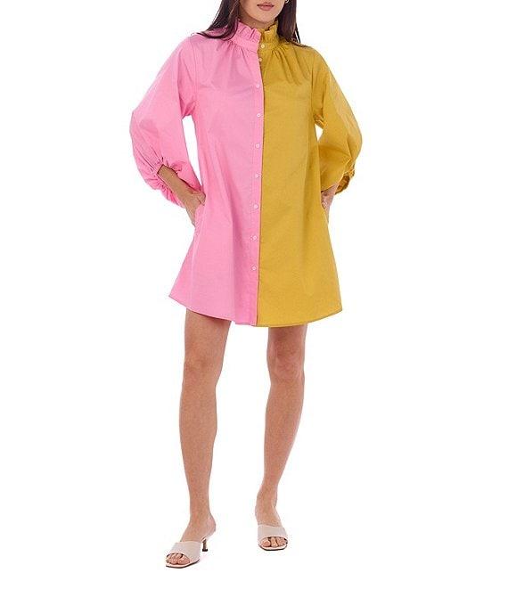 CROSBY by Mollie Burch Olive Colorblock High Ruffle Collar Long Sleeve Button Front Shirt Dress Product Image