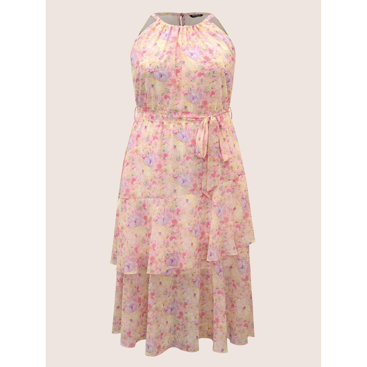 Plus Size Halter Floral Belted Layered Hem Dress Nudepink Women Elegant Halter neck Sleeveless Curvy BloomChic 26/4X Product Image
