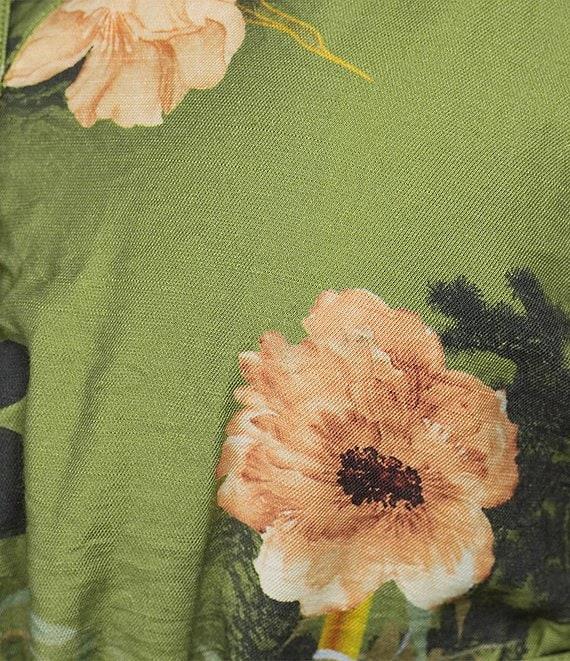 Calessa Plus Size V-Neck 3/4 Sleeved Floral Print Tie-Belt Button-Front Tiered Midi Dress Product Image