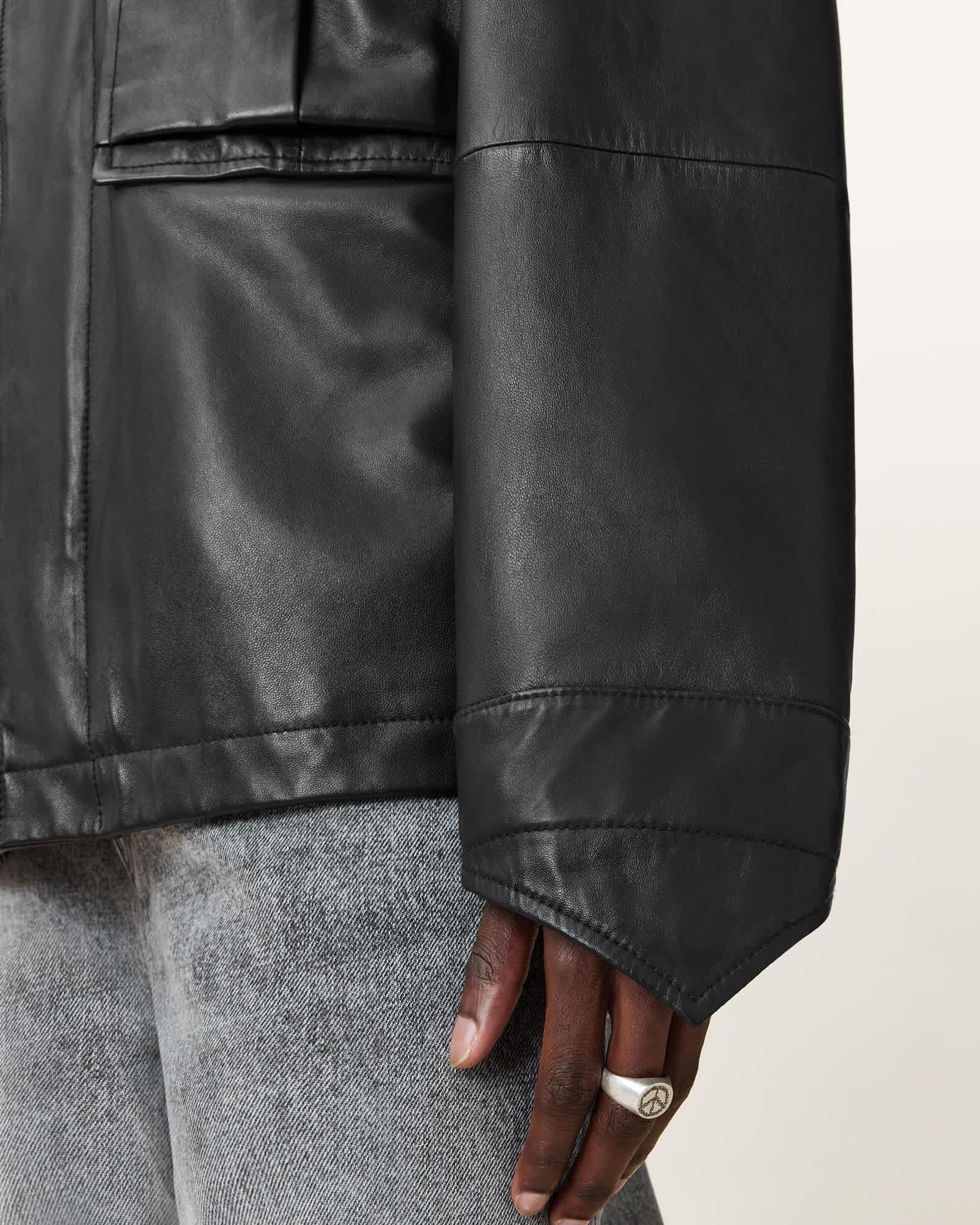 Halton Funnel Collar Leather Jacket Product Image