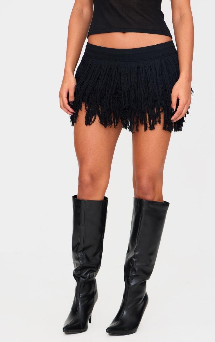 Black Fine Knit Fringe Hem Mini Rara Skirt Product Image