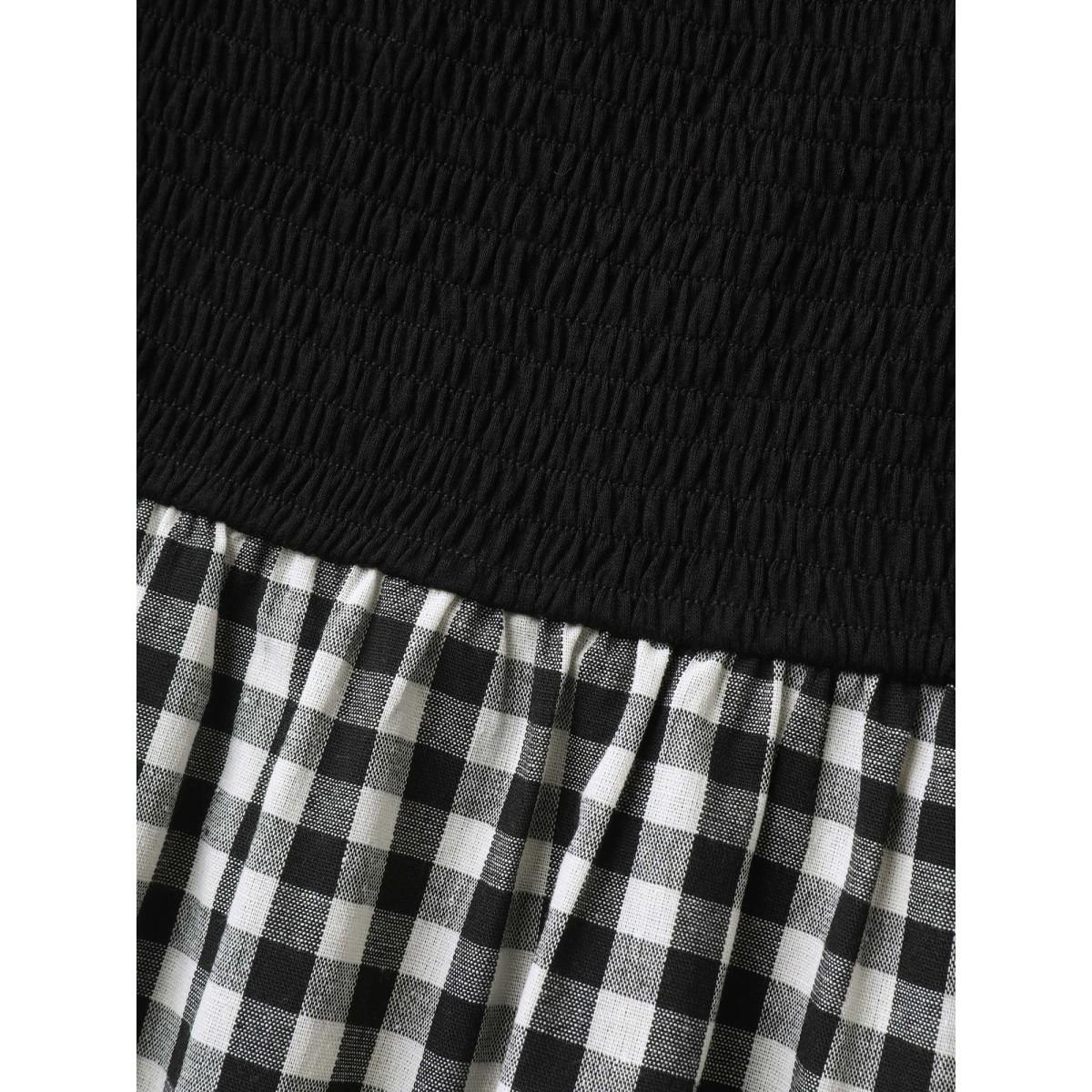 Plus Size Floral Embroidered Plaid Shirred Tank Top Women Black Boho Gathered Non Vacation Tank Tops Camis BloomChic 12/L Product Image