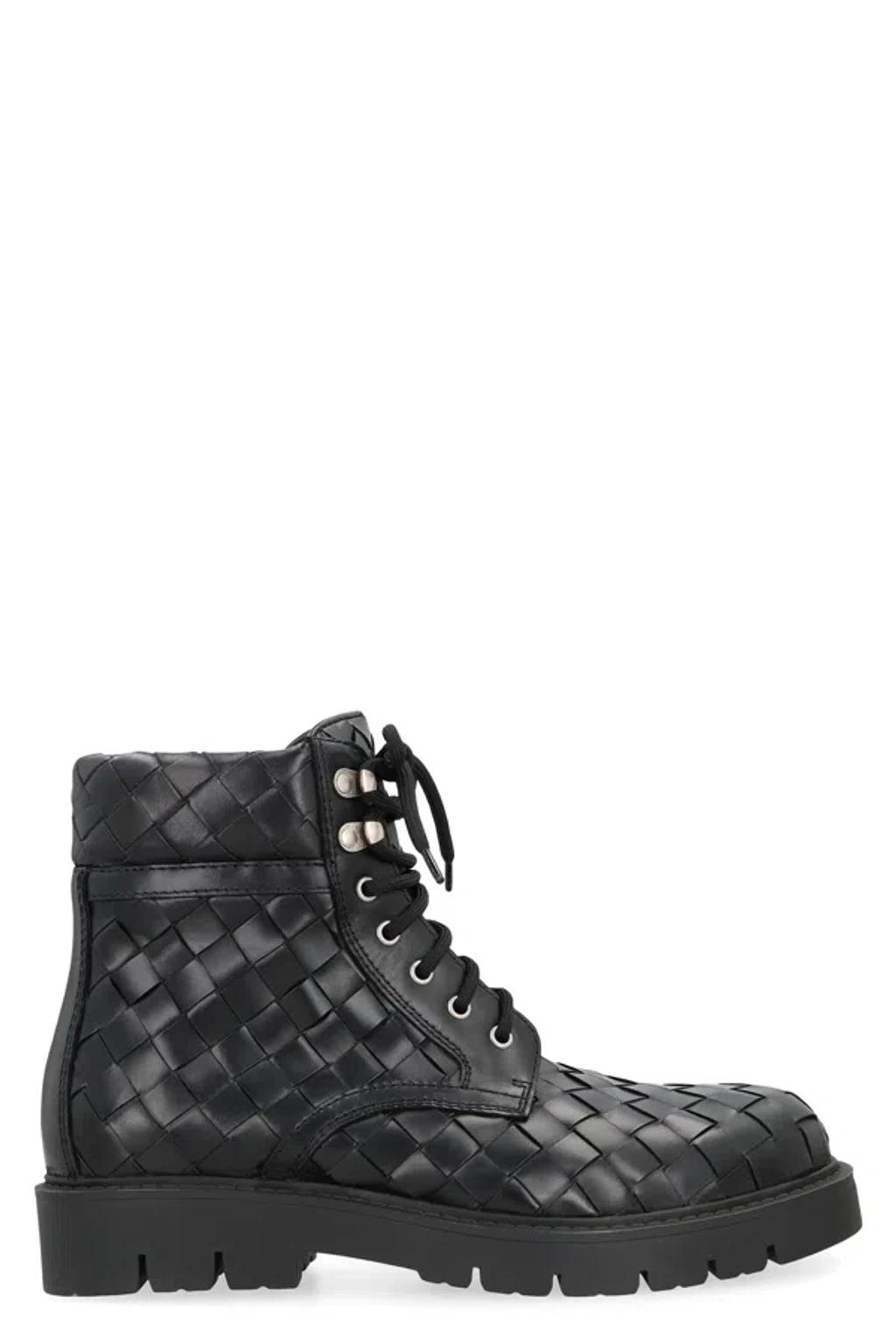 BOTTEGA VENETA Leather All-over Intrecciato Ankle Boots In Black Product Image
