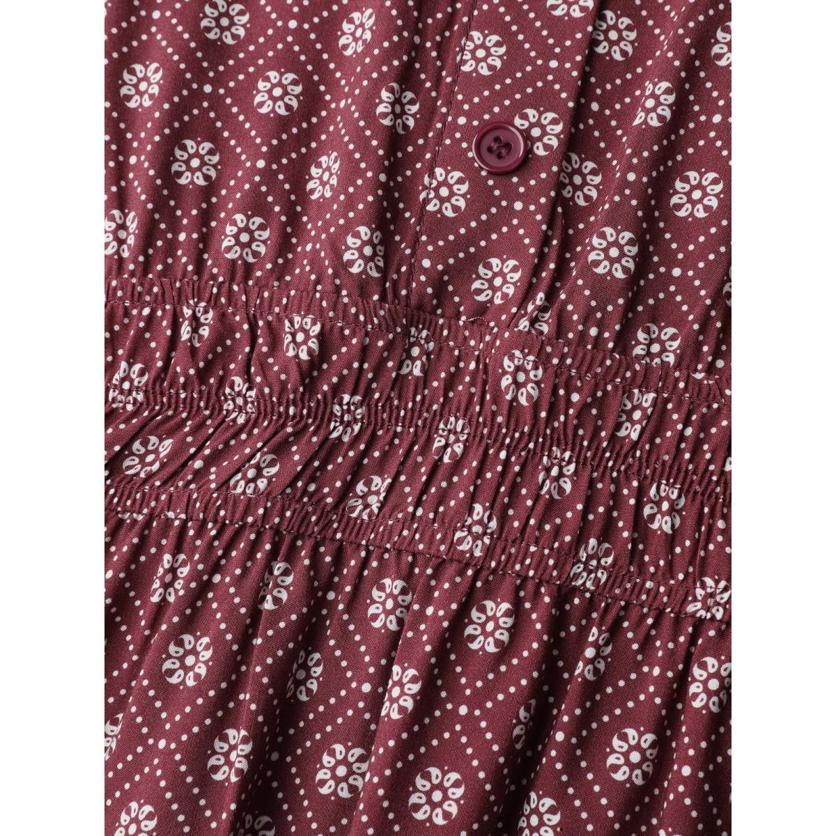 Plus Size Geometric Print Shirred Waist Maxi Dress Deepred Women Office Button Shirt collar Elbow-length sleeve Curvy BloomChic 12/L Product Image