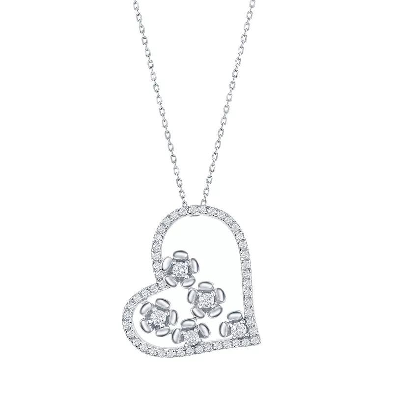 Sterling Silver Cubic Zirconia Heart & Flowers Necklace, Women's, Size: 16-18" ADJ Product Image
