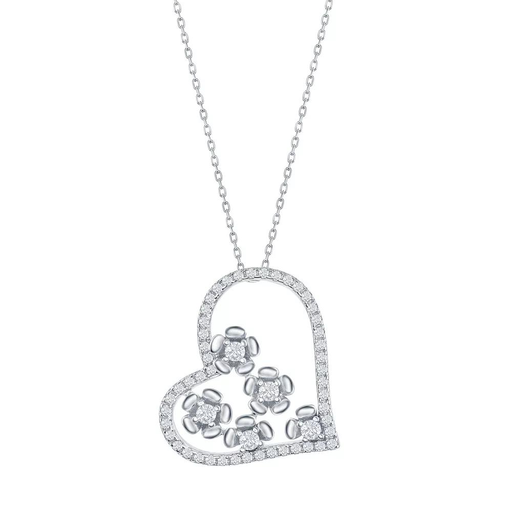 Sterling Silver Cubic Zirconia Heart & Flowers Necklace, Women's, Size: 16-18" ADJ Product Image