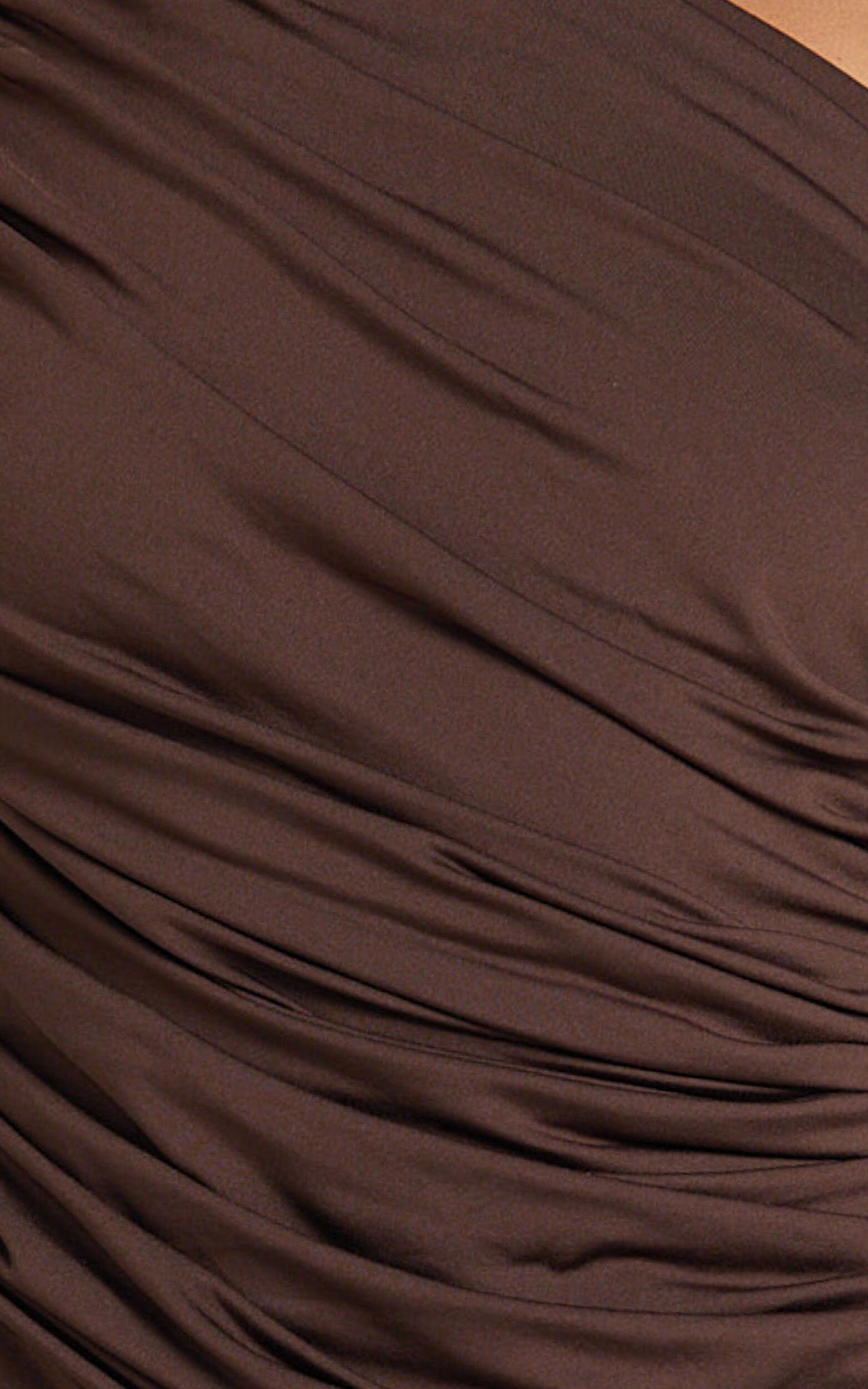 Lovlin Midi Dress - One Shoulder Ruched Dress in Chocolate Product Image