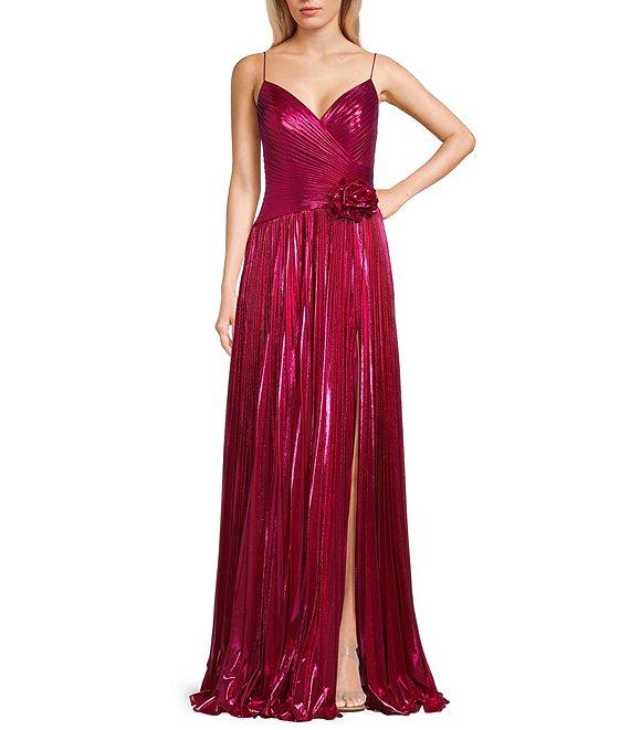 Jovani Metallic V-Neck Spaghetti Strap Pleated A-Line Gown Product Image