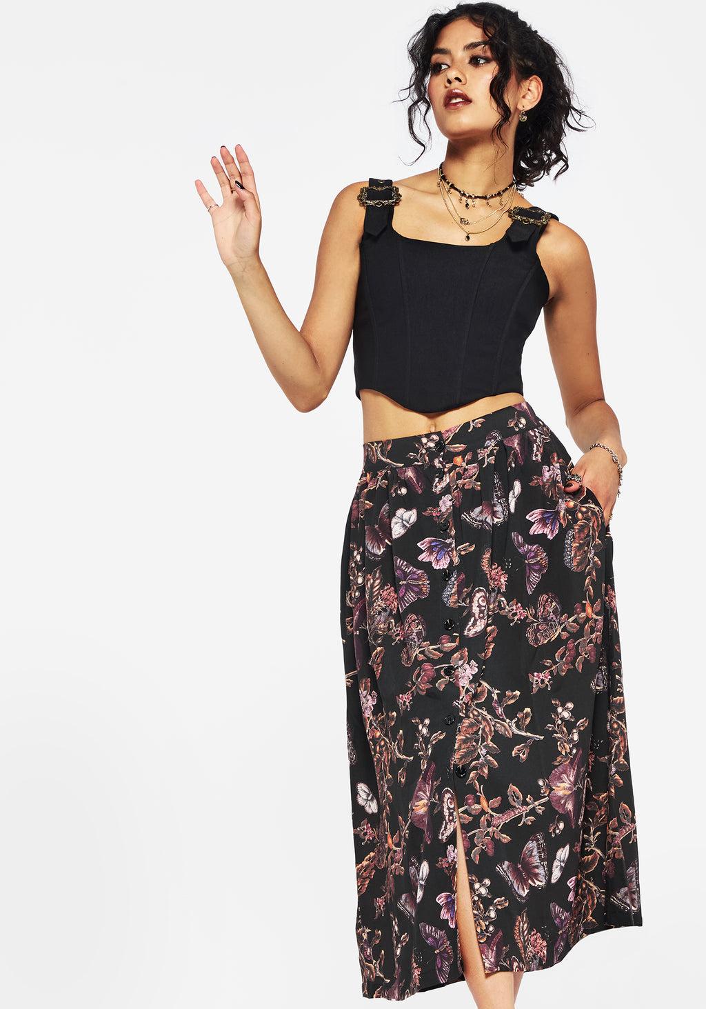 Eloise Floral Butterfly Print Button Up Midi Skirt Product Image