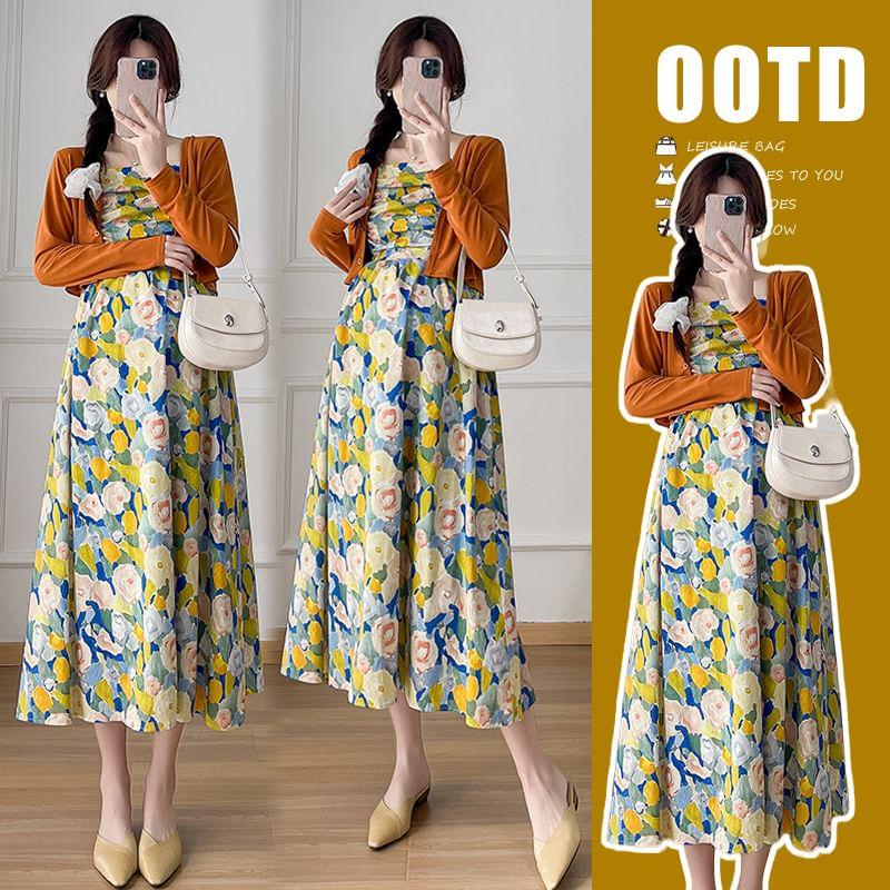 Maternity Spaghetti Strap Floral Midi A-Line Dress / Plain Cardigan / Set Product Image