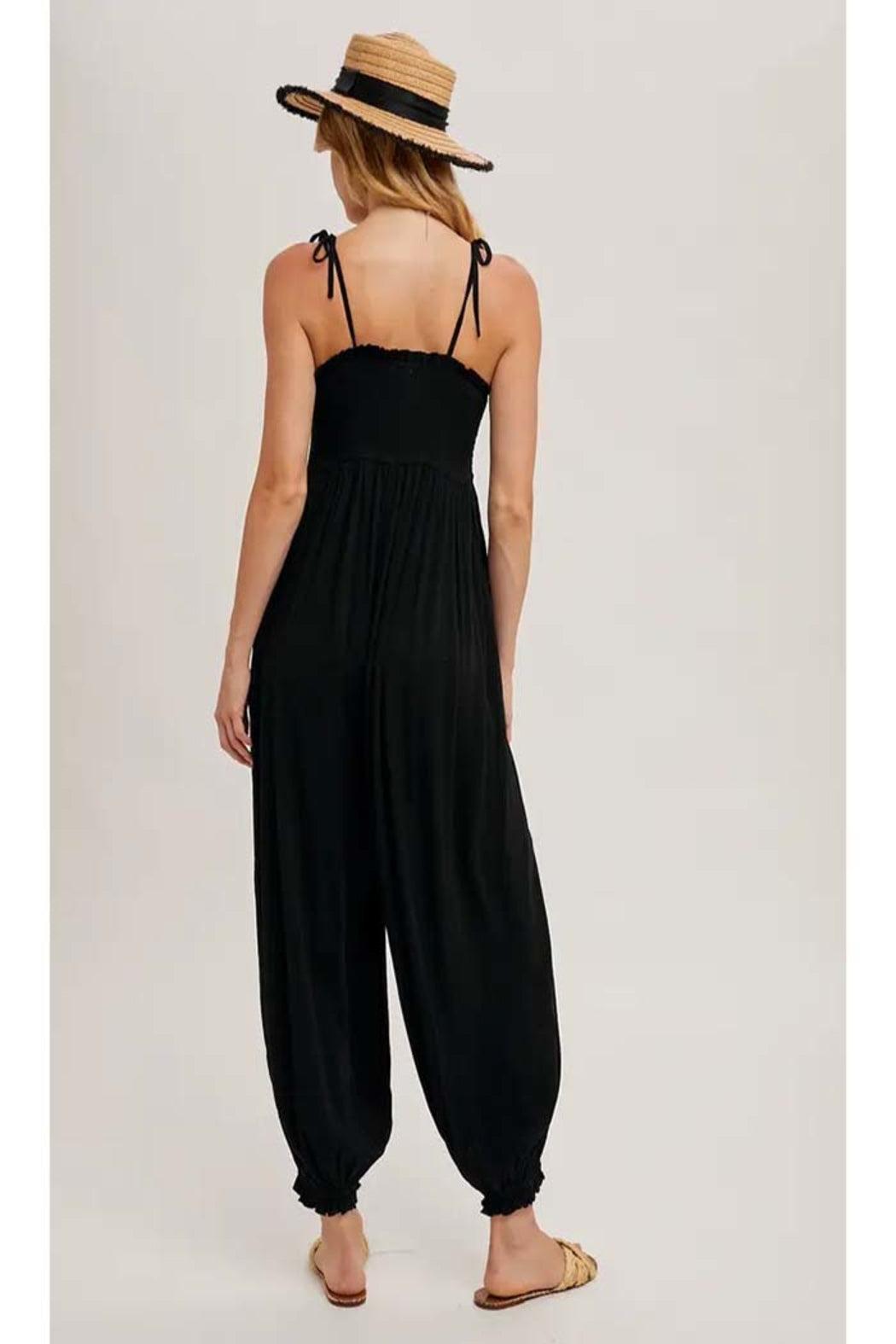 Gauze Smocked Button Front Shoulder Tie Jumpsuit Product Image