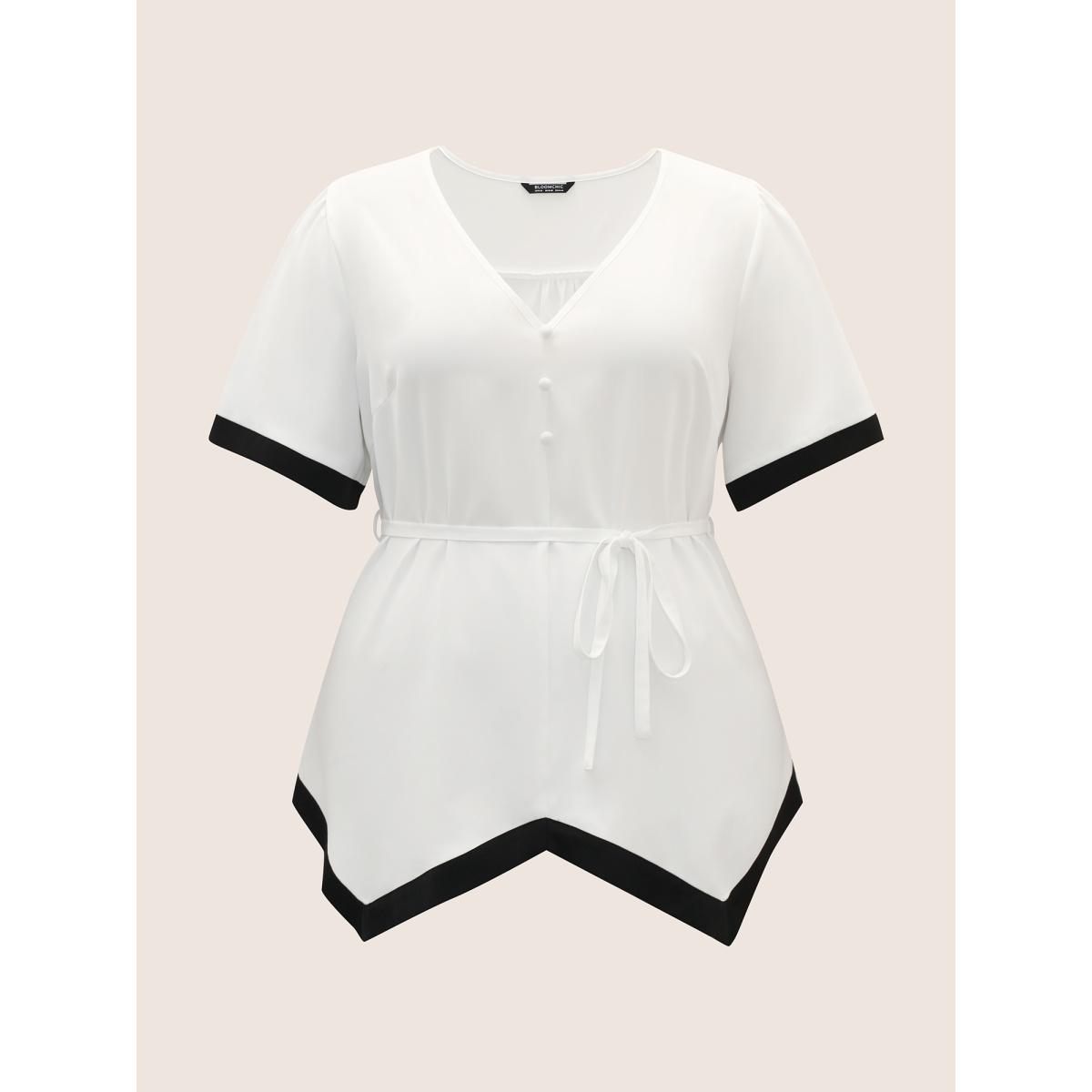 Plus Size White V Neck Patchwork Contrast Tie Knot Blouse Women At the Office Short sleeve V-neck Work Blouses BloomChic 22-24/3X Product Image