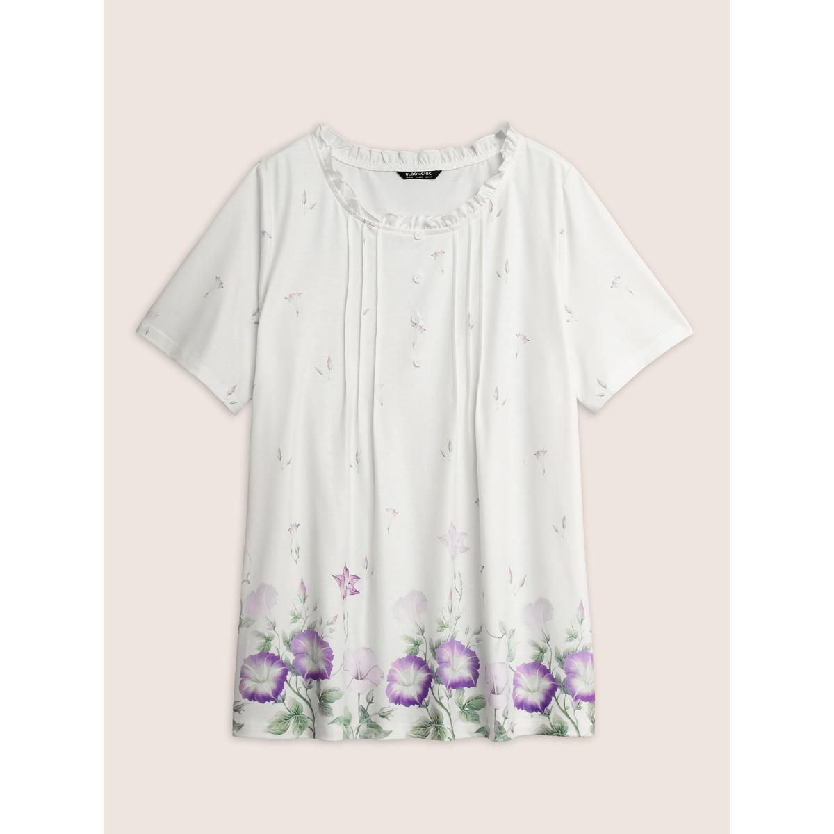 Plus Size Floral Pleated Button Detail Loungewear Set Women White Contrast Short sleeve Round Neck Lounge Loungewear Sets BloomChic 10/M Product Image