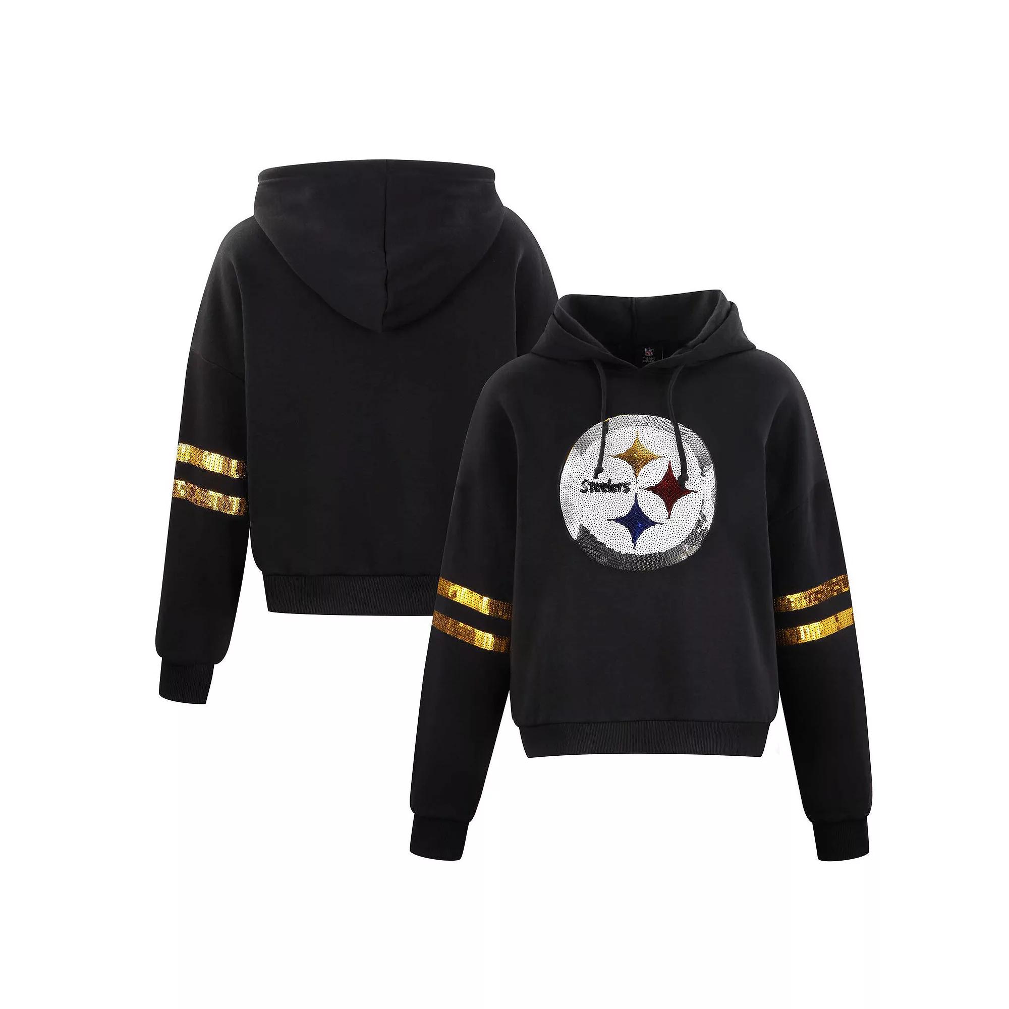 Women's Cuce Black Pittsburgh Steelers Cropped Sequins Pullover Hoodie, Size: 3XL Product Image