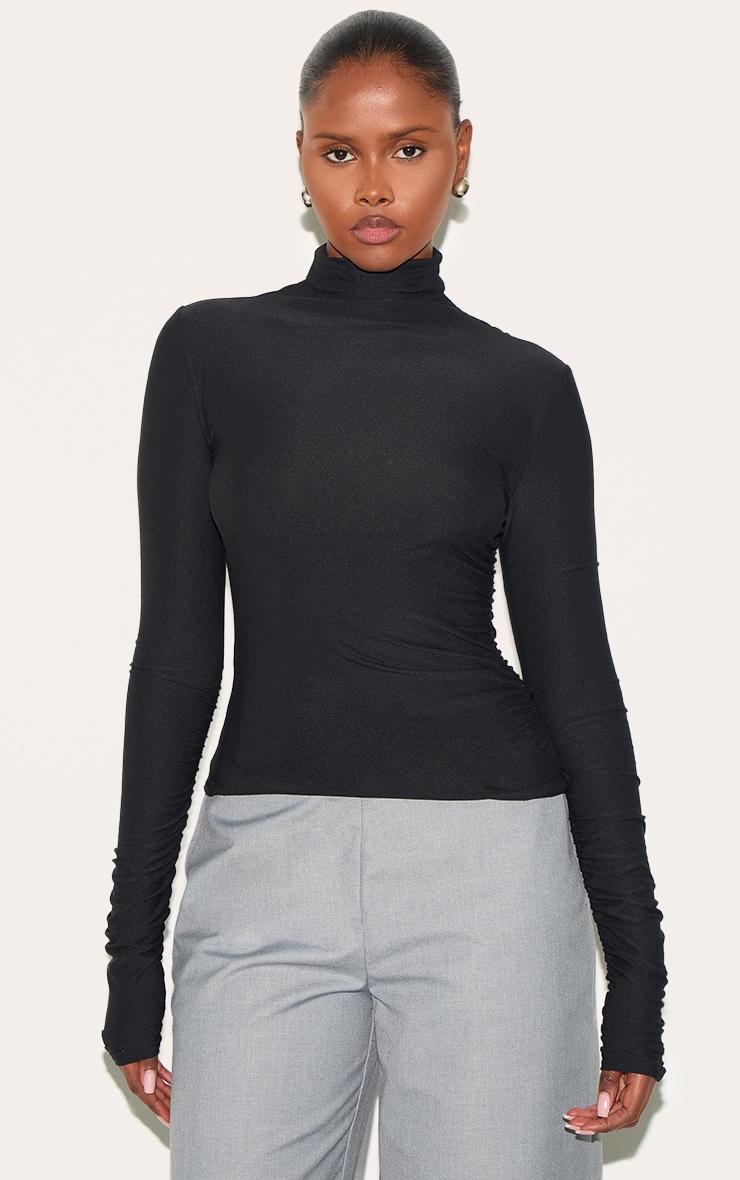 Black Soft Touch High Neck Ruched Sleeve Top Product Image