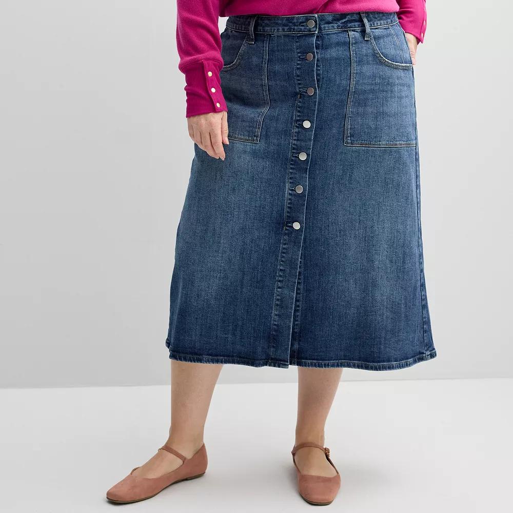 Plus Size Sonoma Goods For Life® Button-Front Denim A-Line Midi Skirt, Women's, Size: 20 W, Medium Tint Product Image