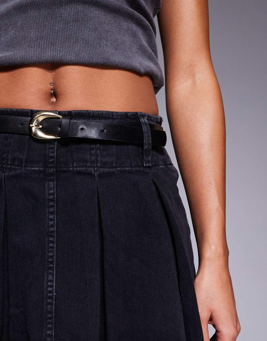 River Island denim belted pleated mini skirt in black Product Image