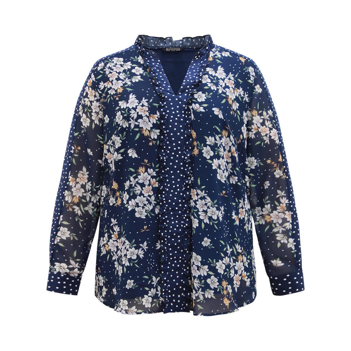 Plus Size DarkBlue Chiffon Floral Polka Dot Patchwork Frill Trim Mesh Blouse Women Elegant Long Sleeve V-neck Dailywear Blouses BloomChic 18-20/2X Product Image