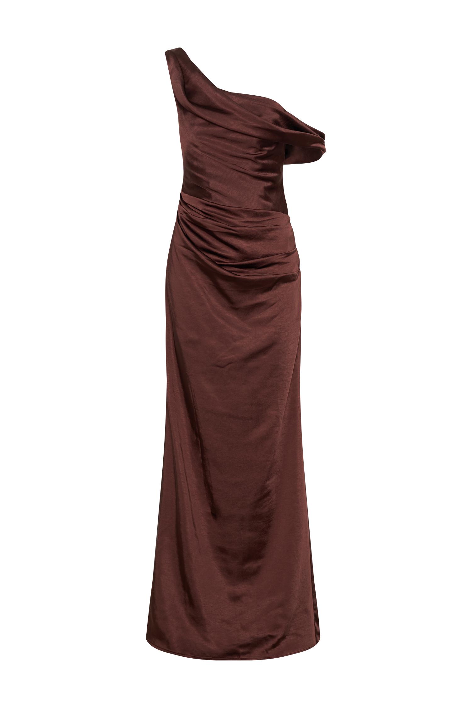 Dalia Off Shoulder Satin Maxi Dress - Dark Chocolate Product Image