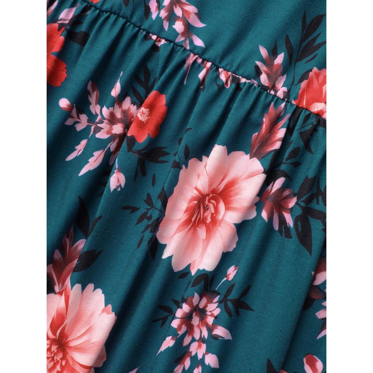 Plus Size Floral Print Neck Cut-Out Babydoll Top Multicolor Women Elegant Gathered Natural Flowers Square Neck Bodycon Everyday T-shirts BloomChic 10/M Product Image