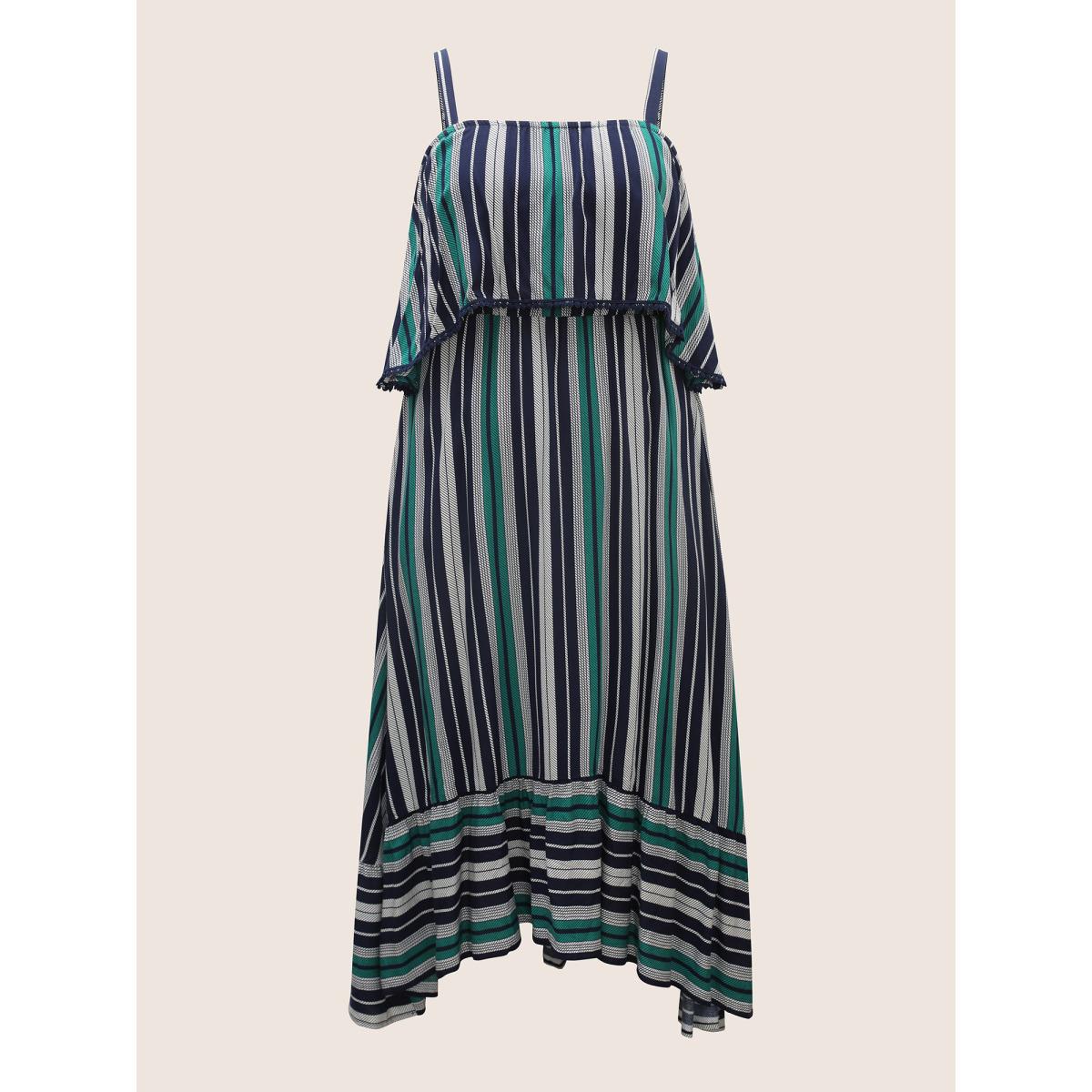 Plus Size Contrast Striped Ruffles Woven Ribbon Dress Indigo Women Elegant Woven ribbon&lace trim One-shoulder neck Sleeveless Curvy BloomChic 14-16/1X Product Image