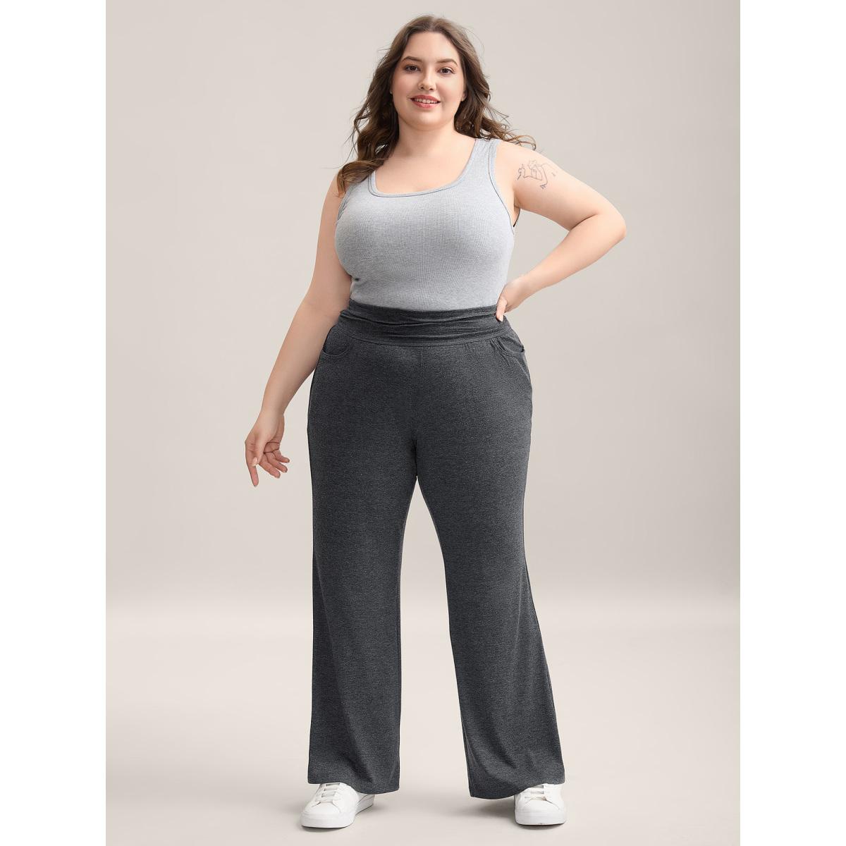 Plus Size Folding Waist Plain Bootcut Pants Women DimGray Casual Bootcut Mid Rise Casual Pants BloomChic 30/6X Product Image