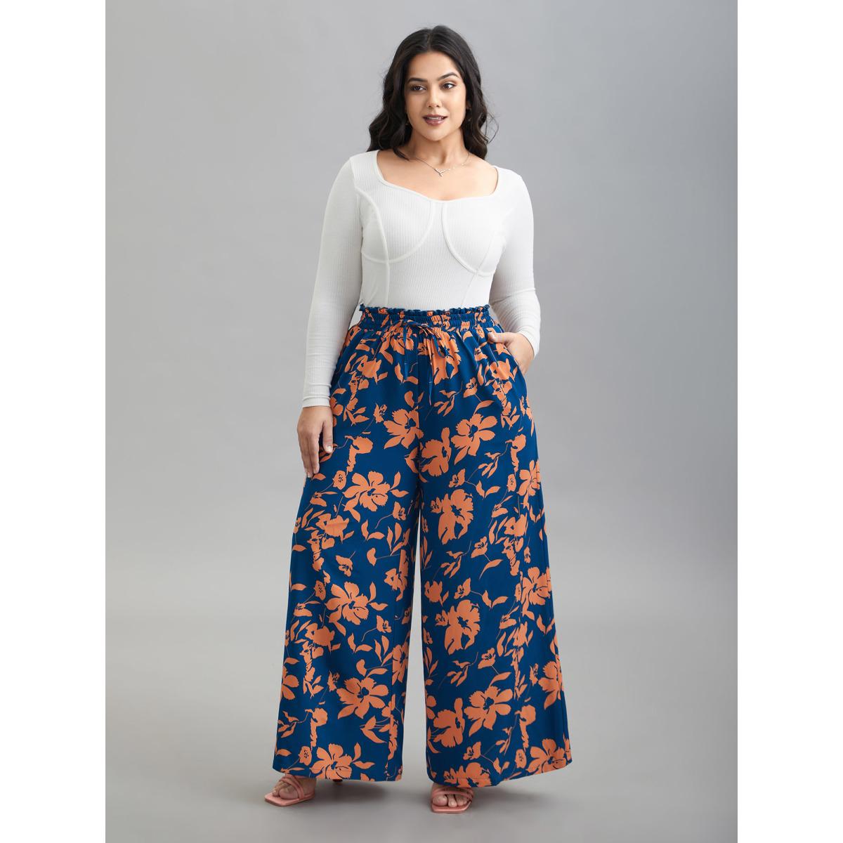 Plus Size Floral Smocked Waist Flared Leg Pants Women DarkBlue Elegant Wide Leg Mid Rise Everyday Pants BloomChic 30/6X Product Image