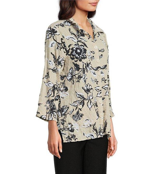 Ali Miles Pucker Woven Allover Stroke Floral Wire Collar 3/4 Sleeves Button Front Shirt Product Image