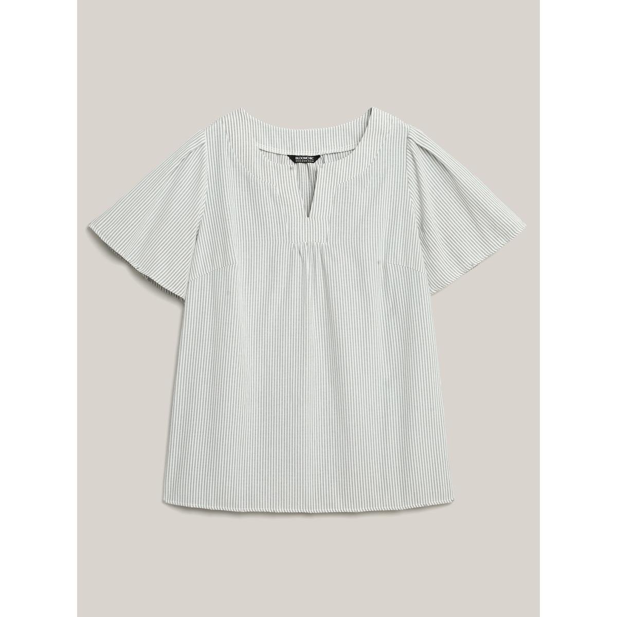 Plus Size Greenbean Striped Print Notched Collar Blouse Women Short sleeve Notched collar Work Blouses BloomChic 12/L Product Image