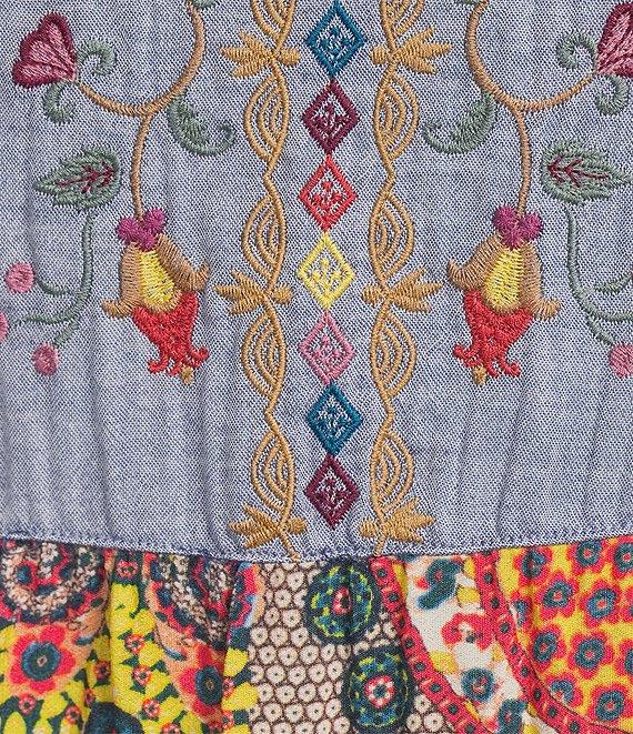 John Mark Plus Size Floral Embroidered Woven V-Neck 3/4 Sleeves Tiered Hem A-Line Midi Dress Product Image