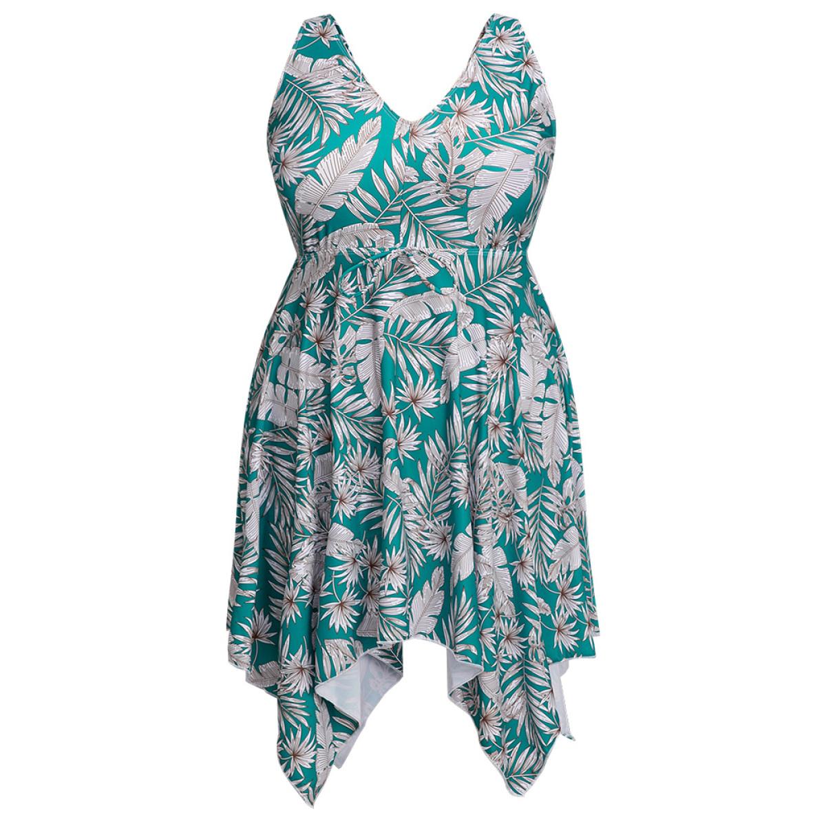 Plus Size Plant Print Adjustable Straps Hanky Hem Tankini Top Women's Swimwear Mint Vacation Adjustable Straps High stretch Bodycon V-neck Curve Swim Tops BloomChic 12/L Product Image