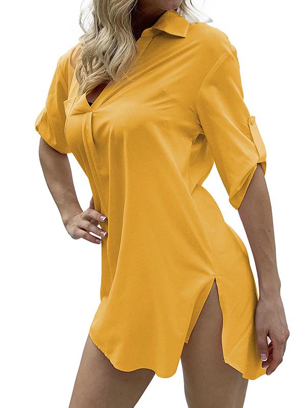 Half Sleeves Loose Pleated Solid Color Split-Joint Split-Side Lapel Blouses&Shirts Tops Product Image