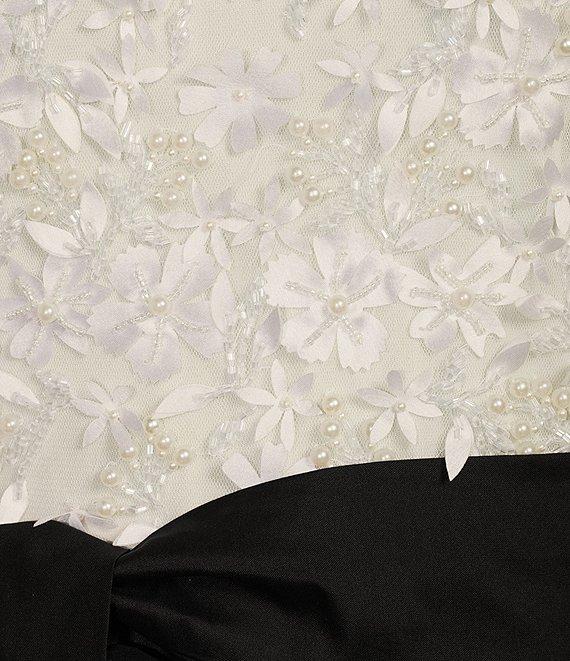 Pisarro Nights Petite Size 3D Floral Beaded Crew Neck 3/4 Sleeve Taffeta Skirt with Tie Sash Ball Gown Product Image